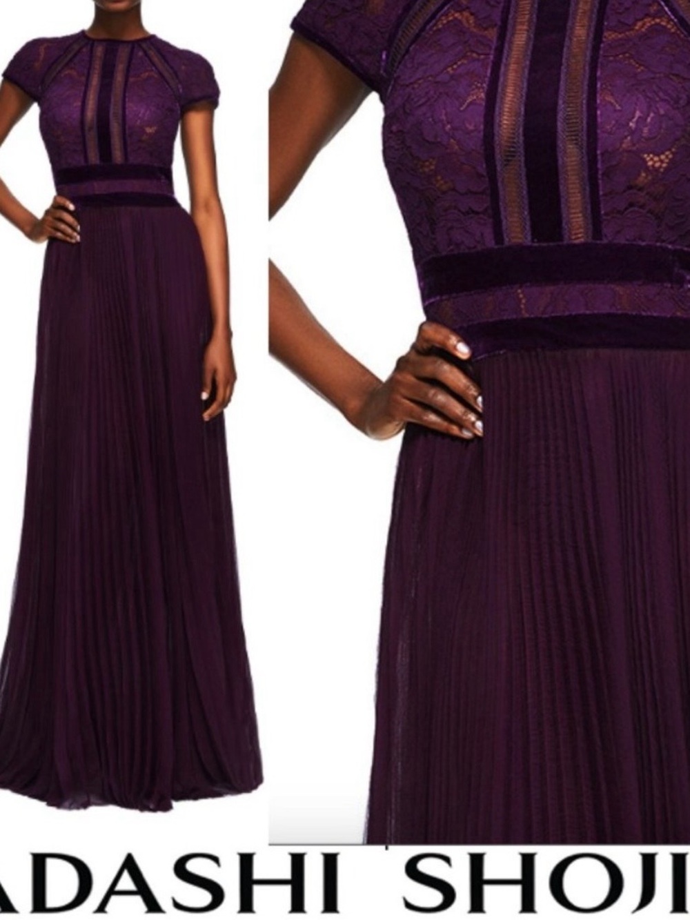 Tadashi Shoji Deep Plum Lace & Pleated Maxi Gown